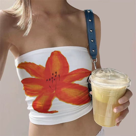 Y2K Tube Top Women Floral Graphic off Shoulder Strapless Backless Sleeveless Sexy Going Out Fitted Crop Bandeau Tank Streetwear